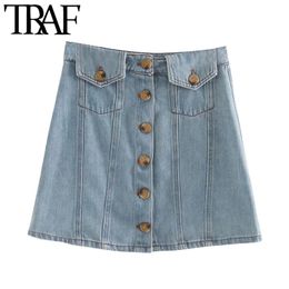 TRAF Women Chic Fashion With Pockets Denim Mini Skirt Vintage High Waist Button Fly Female Skirts Mujer 210415