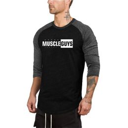 Muscleguys Mens Seven Quarter sleeve t shirt cotton Slim fit tshirt gyms Fitness Bodybuilding workout clothing Brand tee tops 210421