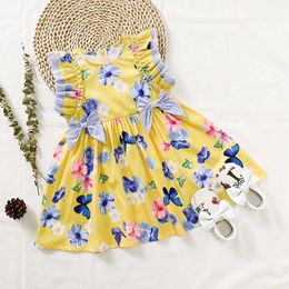 Summer Flowers Dress for Kids Girls Lovely Butterfly Sundress Ruffles Sleeve Casual A-line Clothing 210529