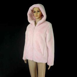 Cardiga Faux Fur Jacket Female Pink Top Winter Women Coats Long sleeve Hooded Shorts Coat 211207
