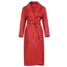 Red Trench Coat Spring Women Leather Long Loose s Female Jacket Woman Streetwear 210515
