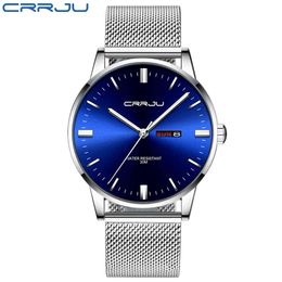 Watches for Men CRRJU Mens Casual Thin Watch Waterproof Quartz Wristwatch Blue Dial Calendar Display Watch Clock reloj de hombre 210517