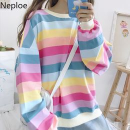 Neploe Korean Fashion Hoodies Women Rainbow Striped Loose Tops Spring Clothes O-neck Long Sleeve Casual Sweatshirt 94765 210422