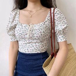 Women's T-Shirt Women White Sexy Elegant Summer Tie Floral Print Crop Tops Square Collar Puff Short Sleeve T-shirts For Girls 2022 Plus Size