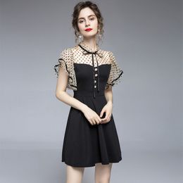 Women Summer Elegant A-Line Dress Vintage Office Ruffles Sleeve Polka Dot Mesh Sheer Bow Dress Female Cocktail Party Mini Dress 210514