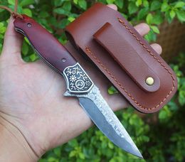 Top Quality Flipper Folding Knife VG10 Damascus Steel Drop Point Blade Rosewood + Stainless Steel Head EDC Pocket Knives With Leather Sheath