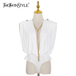 Sexy Patchwork Chain Jumpsuit For Women V Neck Sleeveless White Bodysuit Female Fashion Clothing Stylish 210521