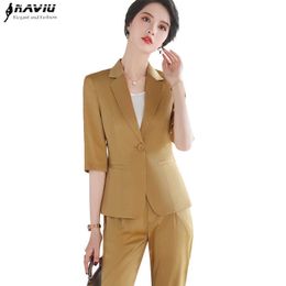 Fashion Women Pants Suit Summer Formal Slim Half Sleeve Blazer and Trousers Office Ladies Business Work Wear 210604