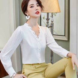 Plus size women professional office Female shirt Temperament solid color pleated sleeve ladies bottoming high quality 210527