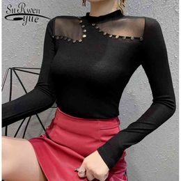 fashion mesh ladies long sleeve tops o-neck rivet sexy club style spring autumn Women's Clothing T-Shirts black ins 7679 50 210417