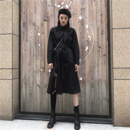 Women's Dress Korean Ins Harajuku Style Dark Split Long-legged Mid-length Personalized Shirt Female Bandage PL147 210506