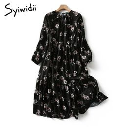 Syiwidii Dress for Women Vintage Floral Print Midi Casual Long Sleeve Spring Summer Empire Plus Size Black Elegant Dresses 210630