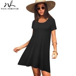 Nice-forever Summer Women Fashion Back Cross Shirt Dresses Casual Oversized Stright Dress btyA147 210419