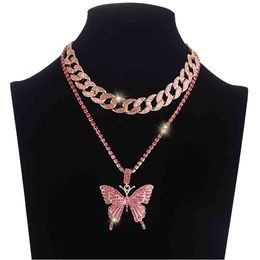 Set Cuban Link Chain Choker Necklace Gifts for Women Butterfly Chains Pendant Jewellery