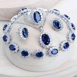 Silver 925 Women Bridal Jewellery Sets Blue Zirconia Costume Fine Jewellery Wedding Necklace Earrings Rings Bracelets Pendant Set 220210