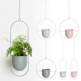 Metal Hanging Planter Pot Indoor Outdoor Flower Pot Plant Holder Green Roundgarden Pots Planters Flower Pot 210615