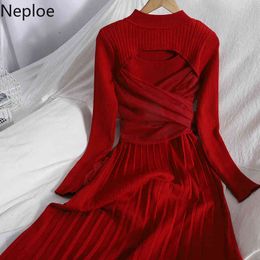 Neploe Maxi Dresses for Women Chic Hollow Out Lace Up Sweet Big Bow Vestidos Korean Slim Waist Slim Pleated Knitted Dress 94641 210422