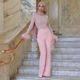 feather prom UK - Party Dresses 2022 Pink Jumpsuit Prom Bead Top Feather Full Sleeve Outfit Special Occasion Gown Pants Evening Wears Robes De Soirée