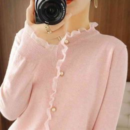 Small fresh short knitted cardigan women spring and autumn style Korean lace outer sweater 210427