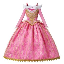 New Year Sleeping Beauty Costume for Girl Girls Princess Dress Christmas Party Long sleeve Flower Pink Ball Gown Aurore Dresses 210331