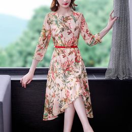 Casual Dresses Women Dress Spring Summer 2022 Office Lady Three Quarter Sleeve Loose Floral Print Chiffon Zipper Robe