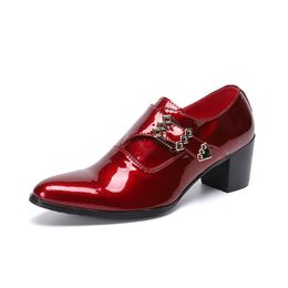 Men Dress Shoes 7cm High Heels Pointed Toe Genuine Leather Oxfords Men Buckle Strap Red Party & Wedding Shoes Plus Size 38-47