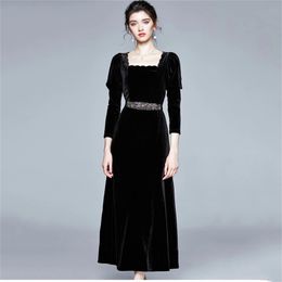 Designer Dresses Runway Party Long French Style Puff Sleeve Vintage Black Velvet Dress Autumn Winter 210603