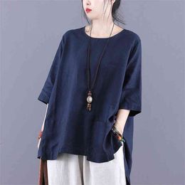 Summer Arts Style Women Half Sleeve Loose T-shirt Big Pocket Cotton Linen Vintage Tee Shirt Femme Tops Plus Size M106 210512