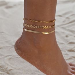 Mode Gold Farbe Fußkettchen Set für Frauen Multilayer Kette Fußkettchen Armband Mädchen Sommer Strand Barfuß Sandalen Armbänder Schmuck