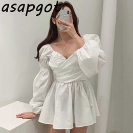 Dresses Chic Korean Spring Deep V Neck Cross Slim Puff Long Sleeve White Pleated Dress Women Mini Vestido De Mujer Retro 210610