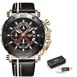 LIGE Fashion Mens Watches Top Brand Luxury Big Dial Military Quartz Watch Leather Waterproof Sport Chronograph Watch Men 210527