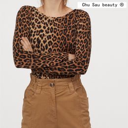 beauty Women Vintage Slim Long-sleeved Sexy Leopard Print Top Elastic Round Neck Lady Office Shirt Casual Loose 210514