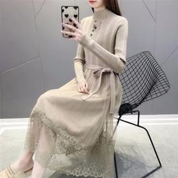 Women's Sweaters Autumn Winter Fairy Lace Solid Color Knitted Sweater Skirt Ladies Mid-length Red Dress With A Bottoming Shirt ThickenedWome