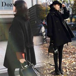 Fashion Solid Women Wool Blend Coat Autumn Winter Long Sleeve Turn-down Collar Outwear Jacket Casual Belt Woollen 210515