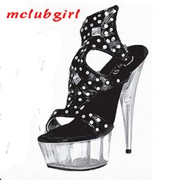 Mclubgirl 15cm Heels Style Fish Mouth One Word Buckle Sandal Thin Heel Sexy Rivet All-around Crystal Women's Shoes LYP Sandals