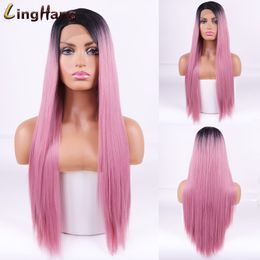 Synthetic Lace Front Wigs Ombre Brown Color Natural Wave Long Free Part Hair Wig For Black Women Heat Resistantfactory direct