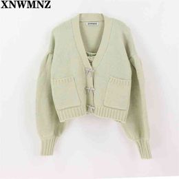 XNWMNZ Za women vintage Knit cardigan with buttons V-neck long sleeve ribbed trims female outerwear fashion chic tops 210922