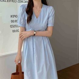 Solid Elegant Loose Chic Office Lady Streetwear Long Dresses Korean Minimalist Retro Summer V-Neck Vestidos 210525