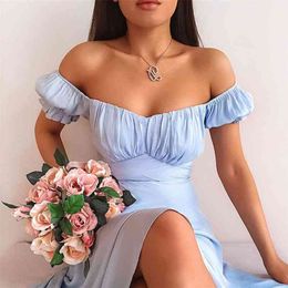 Sexy Off The Shoulder Chiffon Dress Casual Puff Sleeve Bow Sashes Dresses Women Elegant Vintage Solid Party Midi Dress 210715