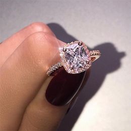 Ins Top Sell Simple Fashion Jewellery Real 925 Sterling Silver&Rose Gold Fill Cushion Shape White Topaz CZ Diamond Gemstones Eternity Women Wedding Bridal Ring Gift