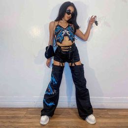 Y2k Two Piece Set Women's Tracksuit Fashion New Hollow Out Patched Dragon Pants And Butterfly Camis Crop Top Female Outfit 210415
