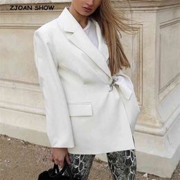 Autumn Free style Ivory White Iron Buckle Loose Blazer Boyfriend friend Vintage Women Mid Long Suit Coat Fashion Femme 210429