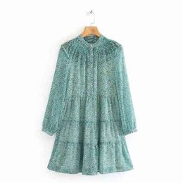 Women elegant stand collar agaric lace flower print casual loose mini dress Ladies pleated vestidos chic Dresses DS3464 210420