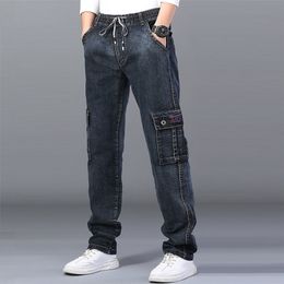 Men's High Waist Jeans Straight Large Size Dinem Trouser Male Black Jeans Side Multi Pocket Blue Loose Elastic Band Cargo Pants 211104