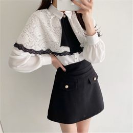 Ruffles Full Sleeves Hook Flowers White Sweet Patchwork Lace Brief Shirts Stylish Women Blouses All Match Tops 210525