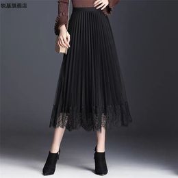 autumn double-sided Korean style pleated mesh skirt Lace Casual Solid Natural Ankle-Length 210416