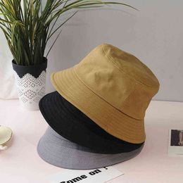 Black Bucket Hats Women Summer Soft Cotton Solid Sun Hats Outdoor Portable Foldable Fisherman Cap Classic Fishing Caps G220301