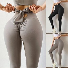 Sport Leggings Women Fitness Fashion Bandage Bow Tie Solid Color Hip Lifting Elastic Ladies Running Gym Pants Yoga Outfit