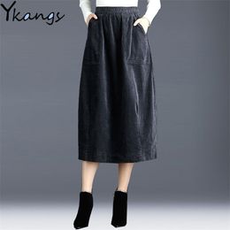 Winter Plus Size Women pocket Corduroy Skirt Autumn Vintage Harajuku Loose Female Long elastic High Waist Lady Faldas 210421