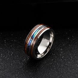 8mm Inlay Hawaiian Koa Wood Abalone Shell Rings Band Finger Wedding Titanium Stainless Steel Ring for Women Men Fashion Jewelry Will and Sandy